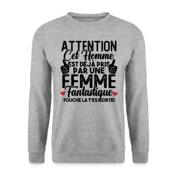 Cet homme est déjà pris par une femme fantastique - Sweat-shirt Unisexe - gris chiné - Devant - Alina (178cm) & Michal (187cm)
