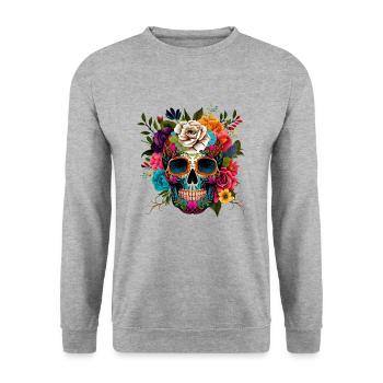 Totenkopf Blumen Bunt - Unisex Pullover - Weißgrau meliert - Vorne - Alina (178cm) & Michal (187cm)