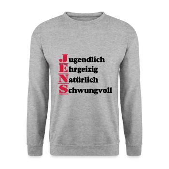 Jens , Vorname,Namensschild,Name,Fun Shirt (25) - Unisex Pullover - Weißgrau meliert - Vorne - Alina (178cm) & Michal (187cm)