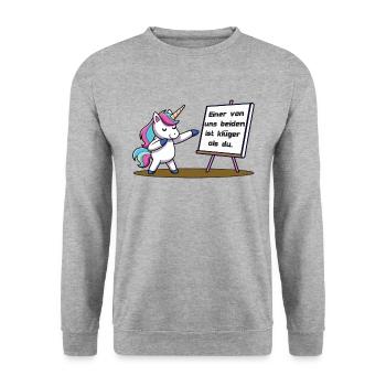 Kluges Einhorn - Unisex Pullover - Weißgrau meliert - Vorne - Alina (178cm) & Michal (187cm)
