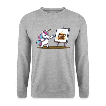 Kaffee - Einhorn - Unisex Pullover - Weißgrau meliert - Vorne - Alina (178cm) & Michal (187cm)
