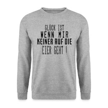 Glück ist wenn mir keiner auf die Eier geht Spruch - Unisex Pullover - Weißgrau meliert - Vorne - Alina (178cm) & Michal (187cm)