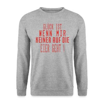 Spruch Glück ist wenn mir keiner auf die Eier geht - Unisex Pullover - Weißgrau meliert - Vorne - Alina (178cm) & Michal (187cm)