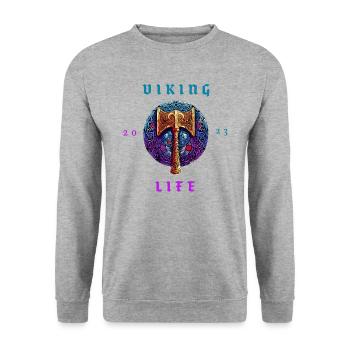 Viking axe with inscription "Viking Life" (2023) - Unisex Sweatshirt - salt & pepper - Front - Alina (178cm) & Michal (187cm)