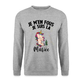 Je m'en fou j suis la Mariée Bride EVJF Licorne - Sweat-shirt Unisexe - gris chiné - Devant - Alina (178cm) & Michal (187cm)