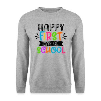 FRÖHLICH ERSTER SCHULTAG SCHULE EINSCHULUNG SPRUCH - Unisex Pullover - Weißgrau meliert - Vorne - Alina (178cm) & Michal (187cm)