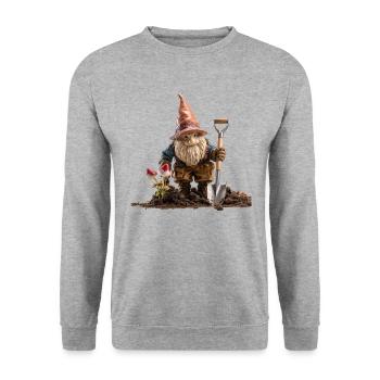 Humor im Garten mit Gartenzwerge - Unisex Pullover - Weißgrau meliert - Vorne - Alina (178cm) & Michal (187cm)