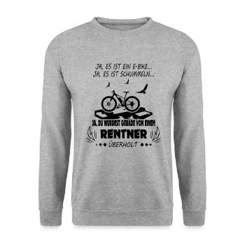 Von Ebike Rentner überholt - Fahrrad Rente Spruch - Unisex Pullover - Weißgrau meliert - Vorne - Alina (178cm) & Michal (187cm)