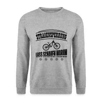 Straßensperrung EBiker MTB Lustig Radfahrer Spruch - Unisex Pullover - Weißgrau meliert - Vorne - Alina (178cm) & Michal (187cm)