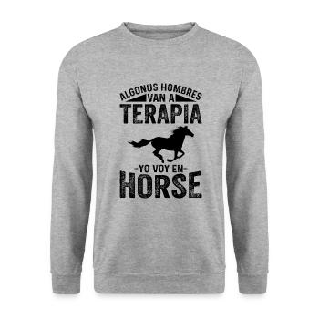 Algonus Men’s Therapy Je fais de l’équitation - Sweat-shirt Unisexe - gris chiné - Devant - Alina (178cm) & Michal (187cm)