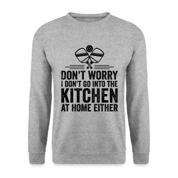 Mach dir keine Sorgen, ich gehe nicht in die Küche - Unisex Pullover - Weißgrau meliert - Vorne - Alina (178cm) & Michal (187cm)