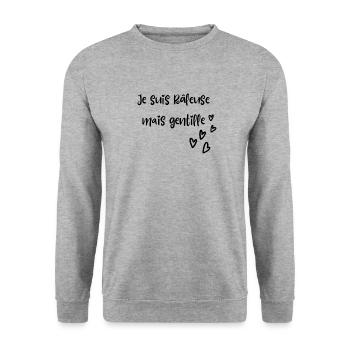 Je suis raleuse mais gentille - humour fun France - Sweat-shirt Unisexe - gris chiné - Devant - Alina (178cm) & Michal (187cm)