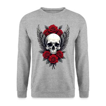 Geflügelter Totenkopf & rote Rosen, Gothic, Totenkopf - Unisex Pullover - Weißgrau meliert - Vorne - Alina (178cm) & Michal (187cm)