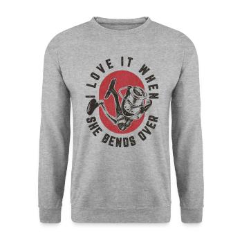Ich liebe es, wenn sie sich bückt - Fisherman Design - Unisex Pullover - Weißgrau meliert - Vorne - Alina (178cm) & Michal (187cm)
