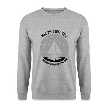 Segel Design Wer Segel setzt bestimmt die Reise - Unisex Pullover - Weißgrau meliert - Vorne - Alina (178cm) & Michal (187cm)