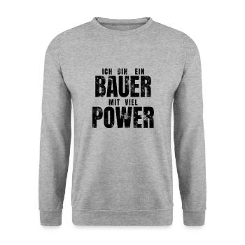 Ich bin ein BAUER mit viel POWER - lustiger Spruch - Unisex Pullover - Weißgrau meliert - Vorne - Alina (178cm) & Michal (187cm)