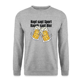 Kopf sagt Sport Bauch sagt Bier - Spruch - Unisex Pullover - Weißgrau meliert - Vorne - Alina (178cm) & Michal (187cm)