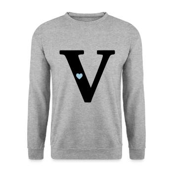 Buchstabe V Anfangsbuchstabe - Unisex Pullover - Weißgrau meliert - Vorne - Alina (178cm) & Michal (187cm)