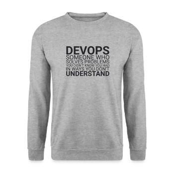 « Problème DevOps | Développement de logiciels » - Sweat-shirt Unisexe - gris chiné - Devant - Alina (178cm) & Michal (187cm)