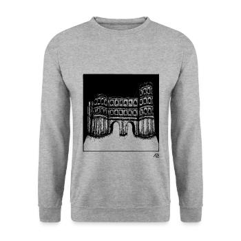 Porta Nigra mit Geist - Unisex Pullover - Weißgrau meliert - Vorne - Alina (178cm) & Michal (187cm)