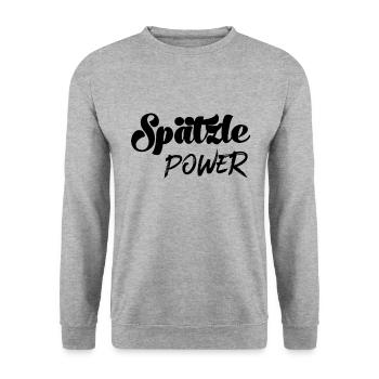 Spätzle Power Schwabe Schwäbisch Schwaben Sprüche - Unisex Pullover - Weißgrau meliert - Vorne - Alina (178cm) & Michal (187cm)