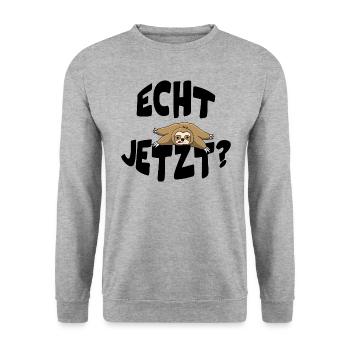 Lustiges Sprüchemotiv "Echt jetzt?" mit Faultier - Unisex Pullover - Weißgrau meliert - Vorne - Alina (178cm) & Michal (187cm)
