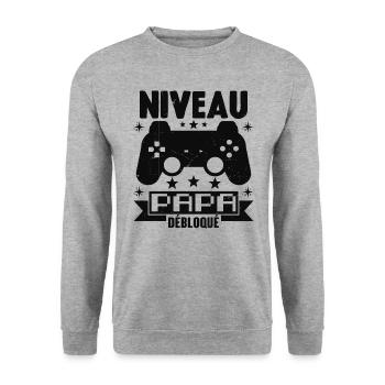 Niveau Papa Débloqué Annonce Grossesse Cadeau - Sweat-shirt Unisexe - gris chiné - Devant - Alina (178cm) & Michal (187cm)