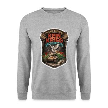 Kein Krieg Frieden Jetzt Patch - Unisex Pullover - Weißgrau meliert - Vorne - Alina (178cm) & Michal (187cm)