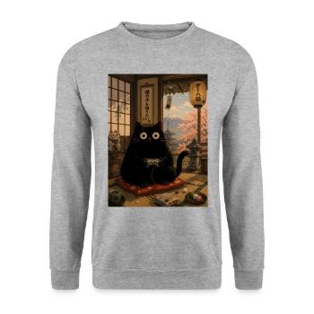 Lustiges Japan Katze Gaming Ramen - Unisex Pullover - Weißgrau meliert - Vorne - Alina (178cm) & Michal (187cm)