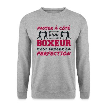 Perfektion Boxer Humor Boxer Mann - Unisex Pullover - Weißgrau meliert - Vorne - Alina (178cm) & Michal (187cm)