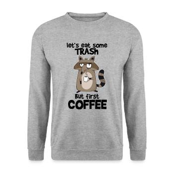 Waschbär Kaffee Morgenmuffel Müll Raccoon Lustig - Unisex Pullover - Weißgrau meliert - Vorne - Alina (178cm) & Michal (187cm)