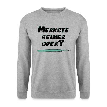 Lustiger Spruch: Merkste selber oder? - Unisex Pullover - Weißgrau meliert - Vorne - Alina (178cm) & Michal (187cm)