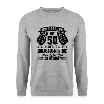 50. Geburtstag - Unisex Pullover - Weißgrau meliert - Vorne - Alina (178cm) & Michal (187cm)