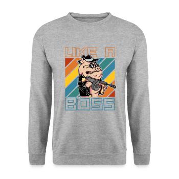 Like a Boss Lustiges Mafia Schwein Cartoon Spruch - Unisex Pullover - Weißgrau meliert - Vorne - Alina (178cm) & Michal (187cm)