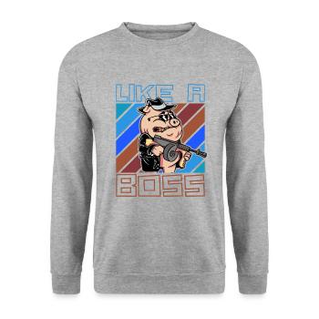 Like a Boss Lustiges Mafia Schwein Cartoon Spruch - Unisex Pullover - Weißgrau meliert - Vorne - Alina (178cm) & Michal (187cm)