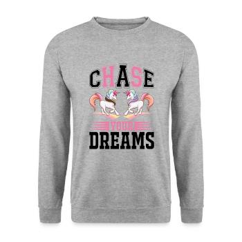 Verfolge deine Träume Unicorn - Unisex Pullover - Weißgrau meliert - Vorne - Alina (178cm) & Michal (187cm)