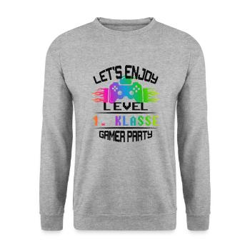 Niveau 1 .CLASS restez calme et jouez - Sweat-shirt Unisexe - gris chiné - Devant - Alina (178cm) & Michal (187cm)