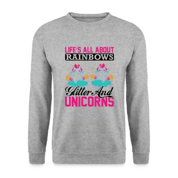 Das Leben besteht aus Regenbögen und Glitzer - Unisex Pullover - Weißgrau meliert - Vorne - Alina (178cm) & Michal (187cm)