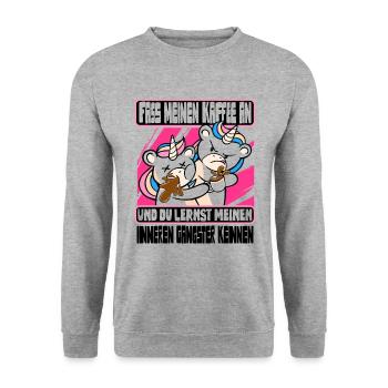 Lustig Einhorn Kaffee Kaffeetrinker Sarkastisch - Unisex Pullover - Weißgrau meliert - Vorne - Alina (178cm) & Michal (187cm)
