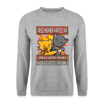 Lustig Katzen Kaffee Kaffeetrinker Sarkastisch - Unisex Pullover - Weißgrau meliert - Vorne - Alina (178cm) & Michal (187cm)
