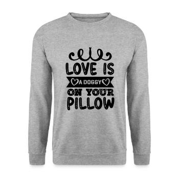 Liebe ist ein Hündchen auf Deinem Kissen - Unisex Pullover - Weißgrau meliert - Vorne - Alina (178cm) & Michal (187cm)
