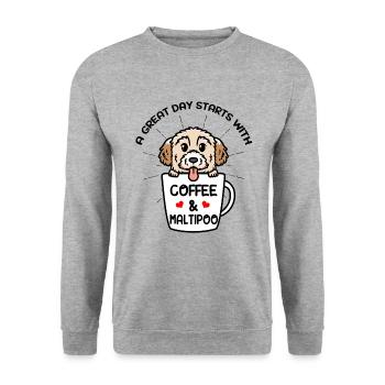 Ein Toller Tag Beginnt Mit Kaffee & Maltipoo Hund - Unisex Pullover - Weißgrau meliert - Vorne - Alina (178cm) & Michal (187cm)
