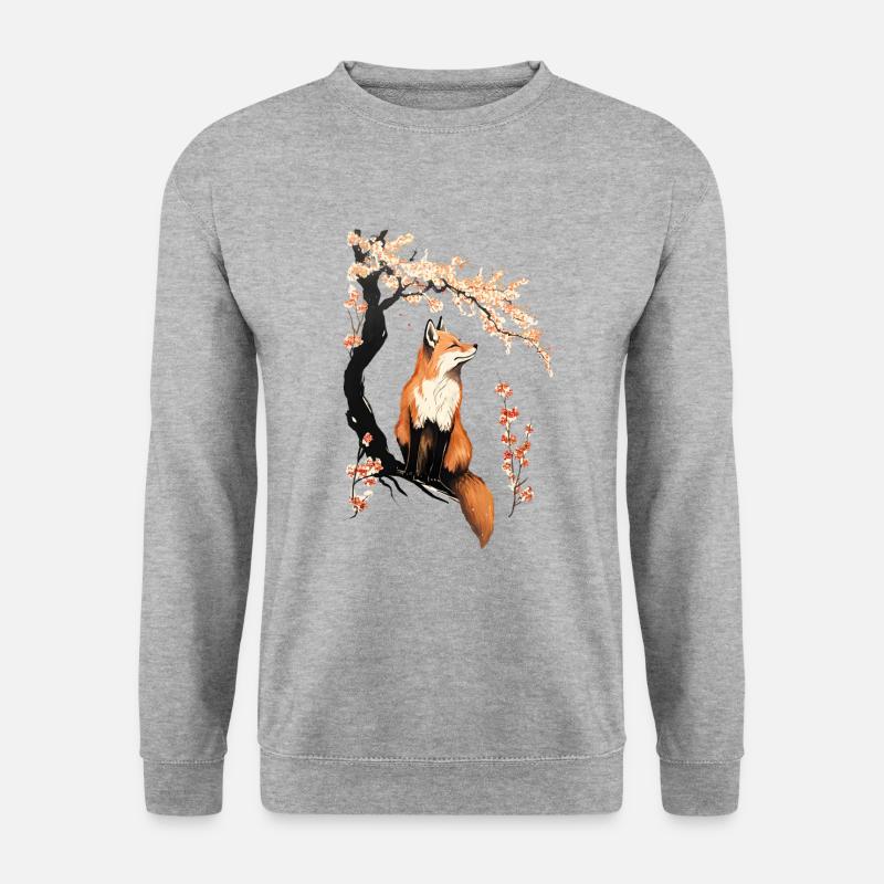 Fox & Sakura: Wildtiere Und Frühlingslandschaft - Unisex Pullover - Weißgrau meliert