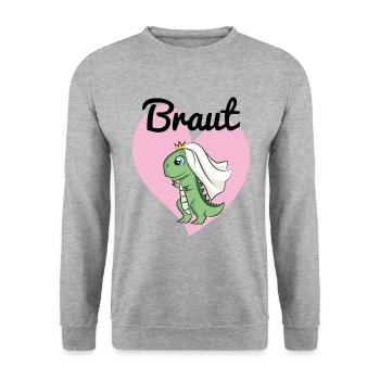 Braut Bride to be JGA Dino Dinosaurier Geschenk - Unisex Pullover - Weißgrau meliert - Vorne - Alina (178cm) & Michal (187cm)