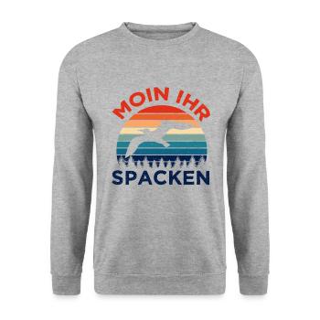 Moin Ihr Spacken Nordsee Neordeutsch Retro Vintage - Unisex Pullover - Weißgrau meliert - Vorne - Alina (178cm) & Michal (187cm)