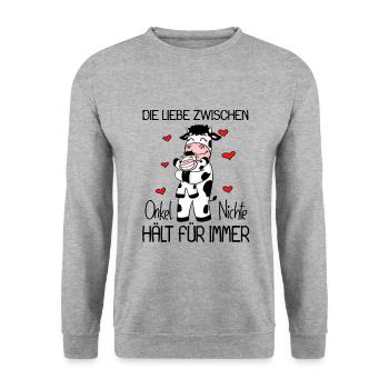 Onkel Nichte Liebe Spruch Kuh Kühe Familie - Unisex Pullover - Weißgrau meliert - Vorne - Alina (178cm) & Michal (187cm)