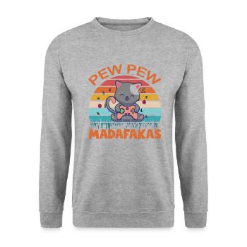 Pew Pew Funny Cat - Unisex Pullover - Weißgrau meliert - Vorne - Alina (178cm) & Michal (187cm)