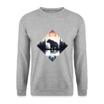 Abstrakter Bär in den Bergen - Unisex Pullover - Weißgrau meliert - Vorne - Alina (178cm) & Michal (187cm)