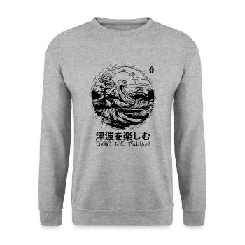 Genieße die Tsunami vor der Kanagawa-Welle - Unisex Pullover - Weißgrau meliert - Vorne - Alina (178cm) & Michal (187cm)