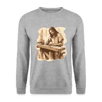 Jesus Josef: Der urprüngliche Zimmermann - Unisex Pullover - Weißgrau meliert - Vorne - Alina (178cm) & Michal (187cm)